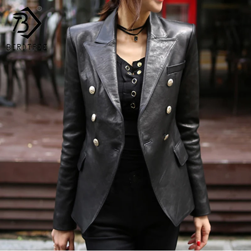 2020 New Fashion Women Spring  Autumn Black Faux Leather Jackets Buttons Basic Coat Turn-down Collar Biker Jacket  C9D206M