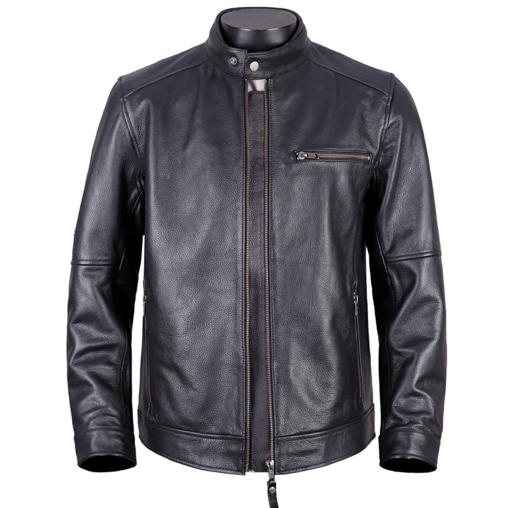 

Men's Cowhide Leather Short Coat Quality European Style Durable Motorcycle Jacket Real Leather Waterproof Windbreaker Overcoats