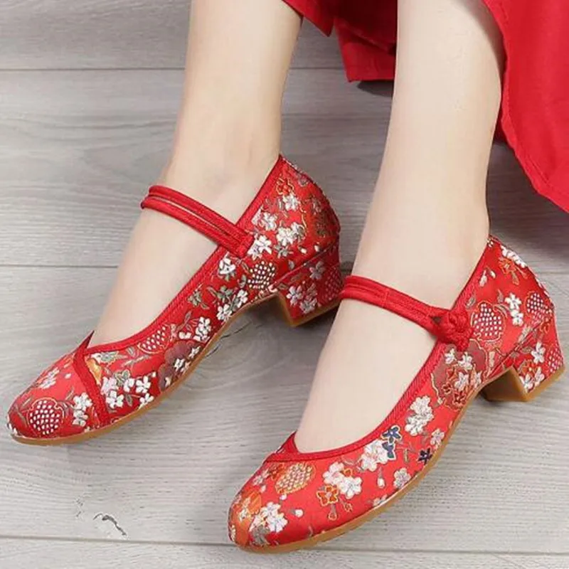 Round Toe Mary Jane Button Strap Women Pumps Mid-Heel Ladies Dress Shoes Woman Retro Embroider Summer Sandals Ethnic Dance Shoe