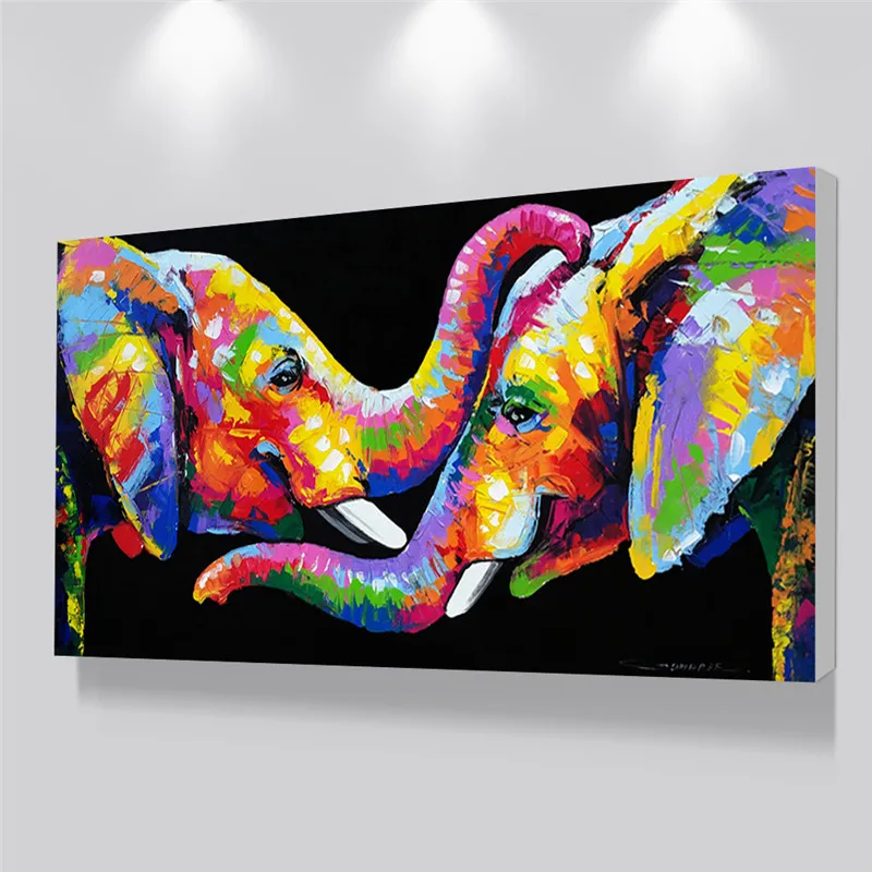 

Colorful Elephant Oil Paintings on Canvas Wall Art Posters and Prints Couple Elephants Cuadros Pictures for Living Room Decor