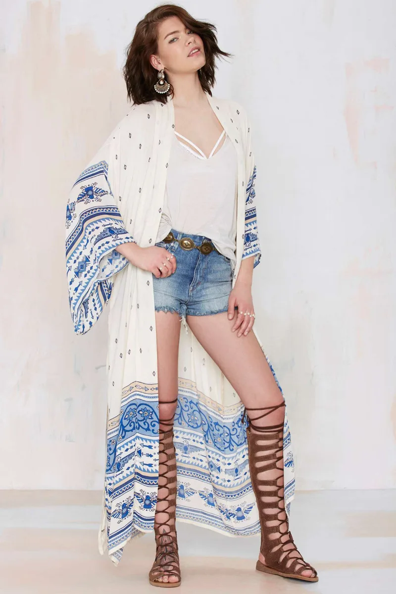 TEELYNN szyfon w kwiaty drukuj szlafrok Kimono z długim rękawem plaża boho Cover up kobiety bluzka w stylu Vintage lato sweter topy Blusas koszule