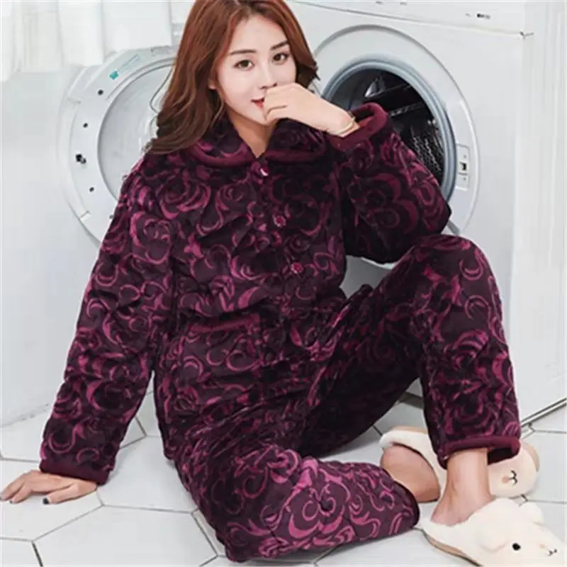 2 Piece/lot Winter Women Pajamas set Sweet Thick Flannel  Long Homewear Sleep Lounge Velvet Pajama Female Pyjama