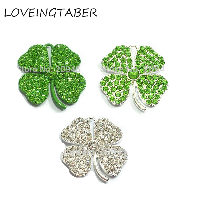 ( Choose Color First ) 32mm  10pcs/lot Clover All Rhinestone Pendants For  St. Patrick's Day Jewelry