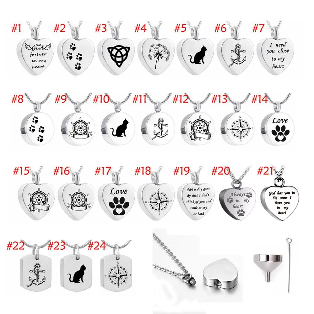 24 styles Stainless Steel Memorial Urn Jewelry Dog Paw Print Cremation Jewelry Ashes Holder Pet Urn Necklace for Ashes Memory