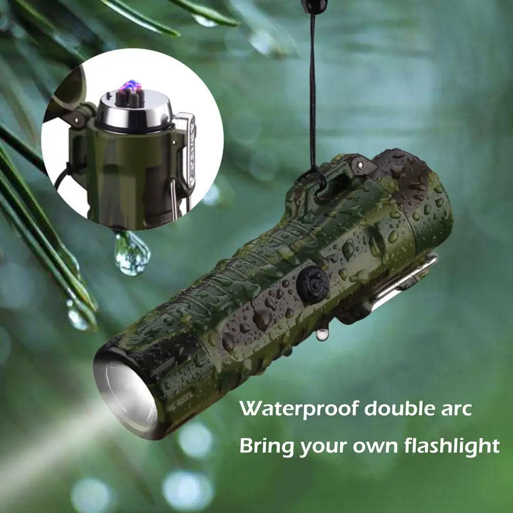 Camping Flashlight Dual Arc Lighter with Flashlight Waterproof Electric Lighter USB rechargeable for Outdoor Camping Fishing