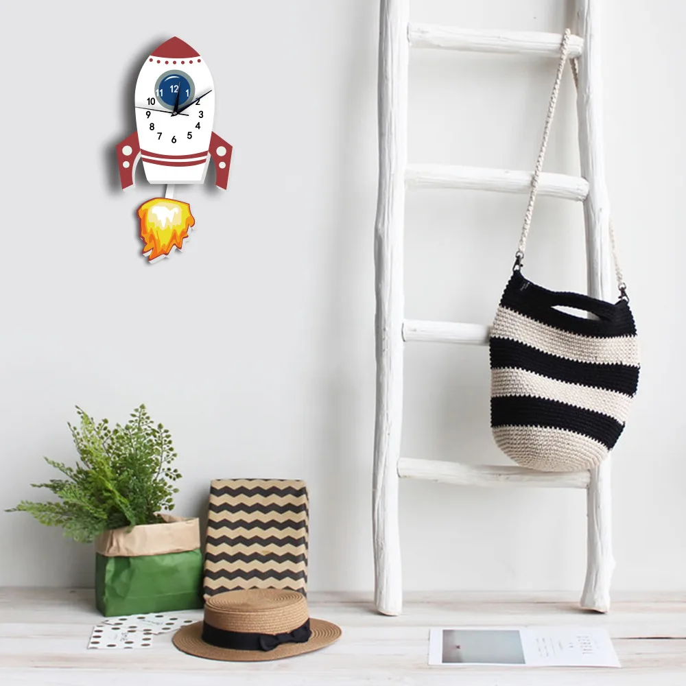 Rocket Wall Clock Pendulum Kids Toys Cartoon DIY Quiet Movement Clocks Wall Home Decor Children Bedroom Baby Inventor Dream Gift