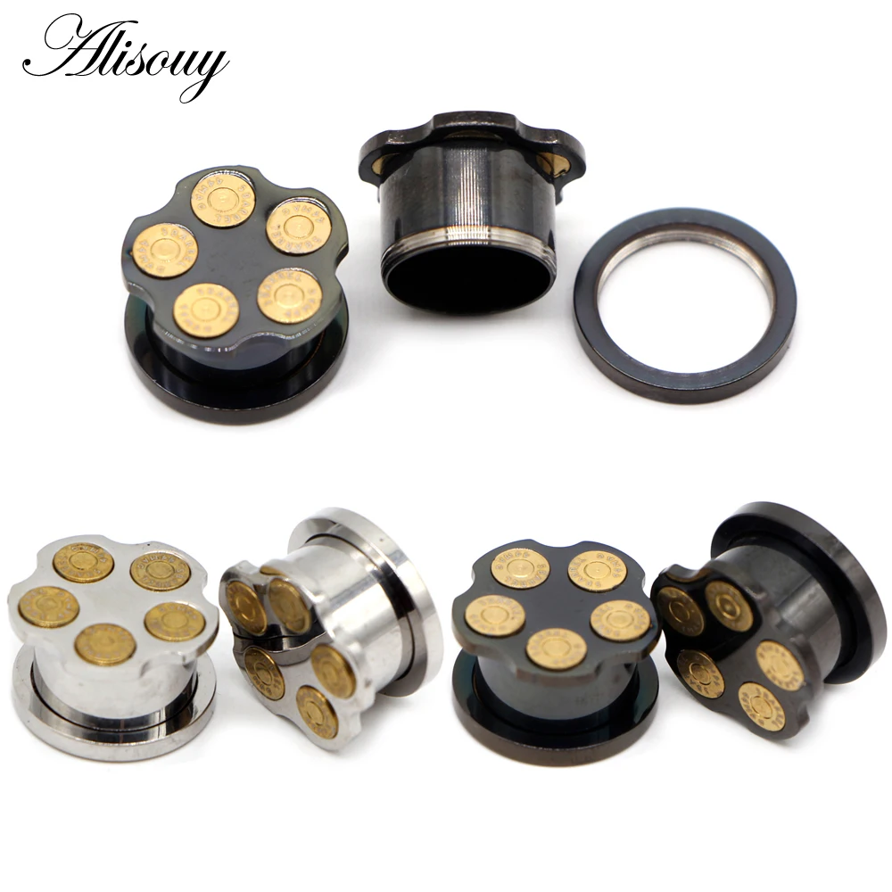 Alisouy 2PCS 6-16mm Stainless Steel Ear Tunnels Plugs Black Silver Color Expander Stretcher Ear Gauges Piercing Body Jewelry