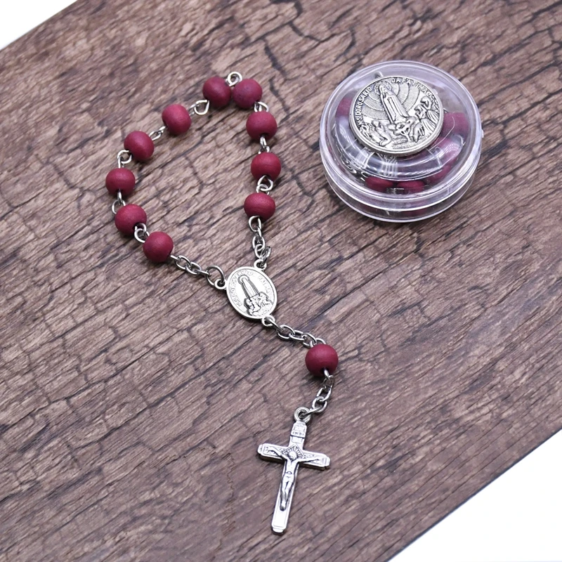 QIGO Red Wood Beads Strand Cross Rosary Bracelet With Box Church Religious Jewelry Gifts