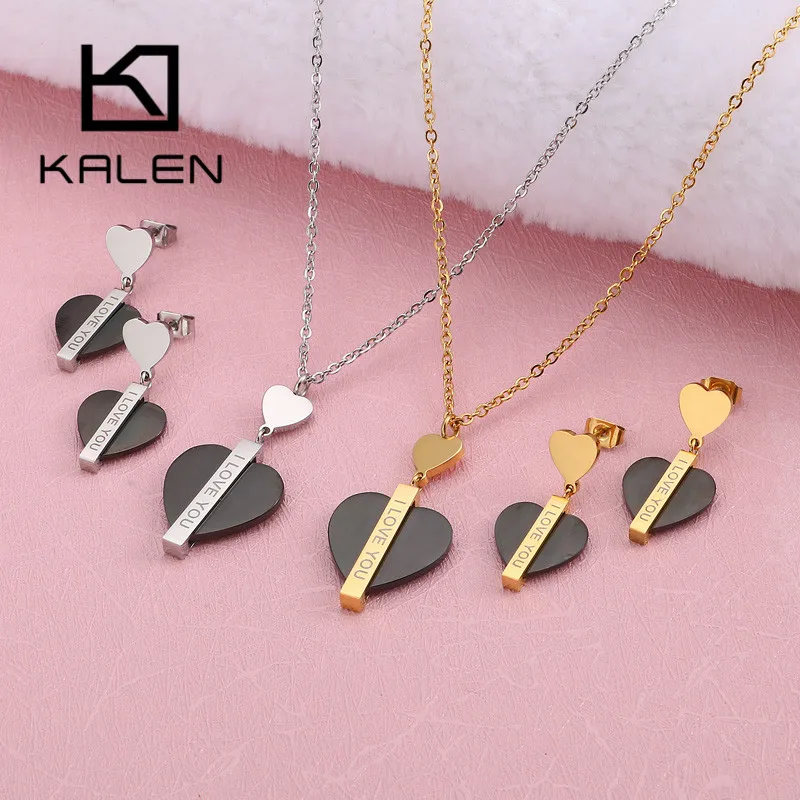Kalen Romantic Heart Letter I Love You Chain Necklaces Drop Earrings Sets For Women Tri-color Stainless Steel Lady Jewelry Sets