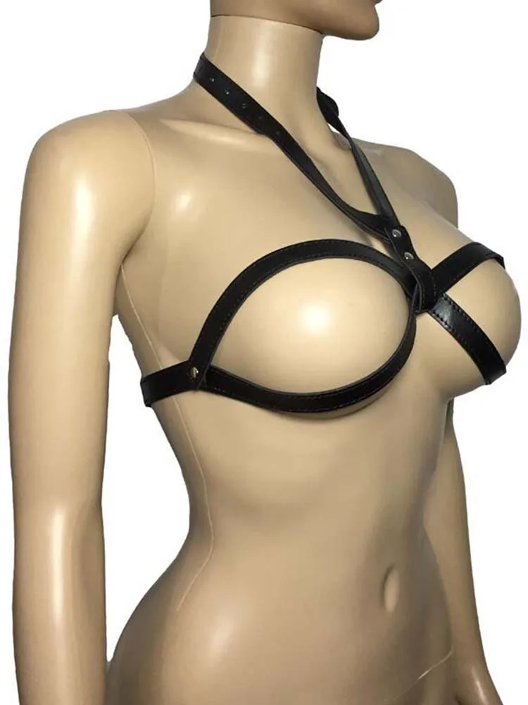 Sexy Woman Faux Leather Strappy Halter Cupless Bra Top Body Harness Breast Restraint Straps Fetish Role Play Costume