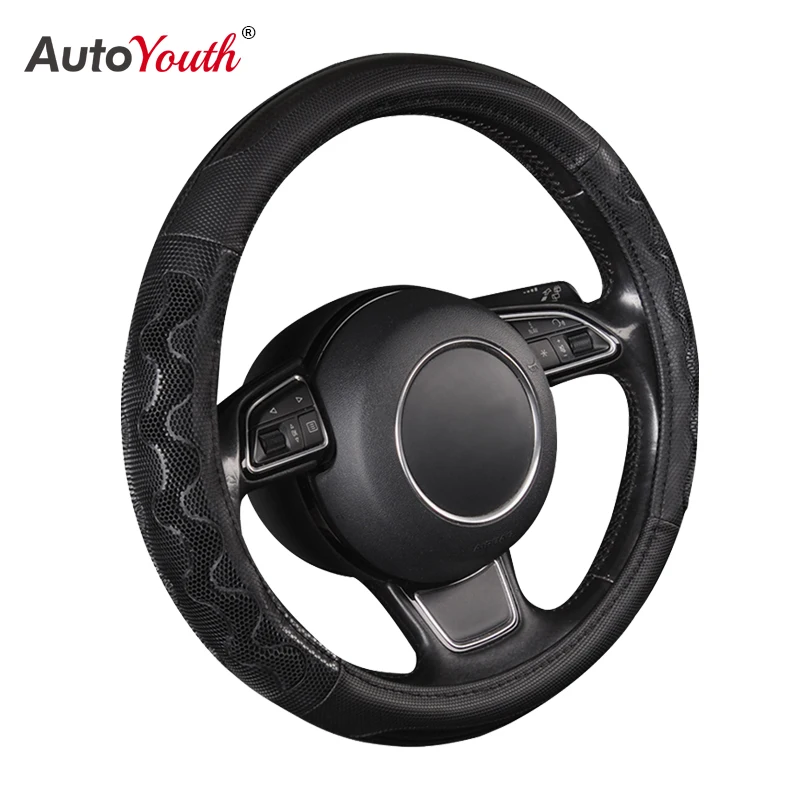 Car Steering Wheel Cover Pu Leather Universal Fit 37 To 38CM Sport Grip Honeycomb Design Breathable Antiskid Sporty Racing Style