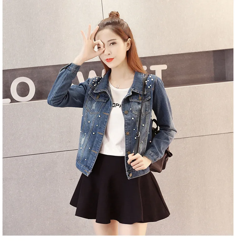 Denim Jackets Women Long Sleeves Slim Pearl Beading Jean Jacket spring Autumn Female Denim Jeans Coat