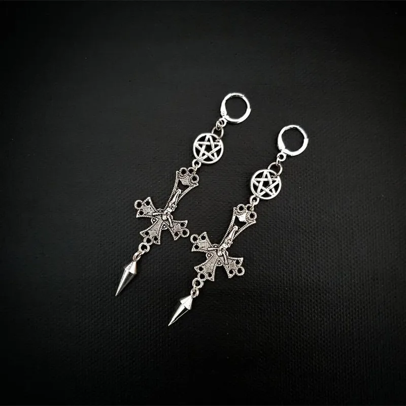 Gothic Inverted Crucifix and Pentagram Earrings with Spikes Inverted Cross Satanic Catholic Upside Down Statement Women Gift