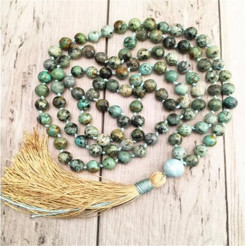 6mm Natural Africa Turquoises 108 Beads Mala Tassels Necklace Gemstone Healing spirituality Unisex cuff Zazen energy yoga Prayer