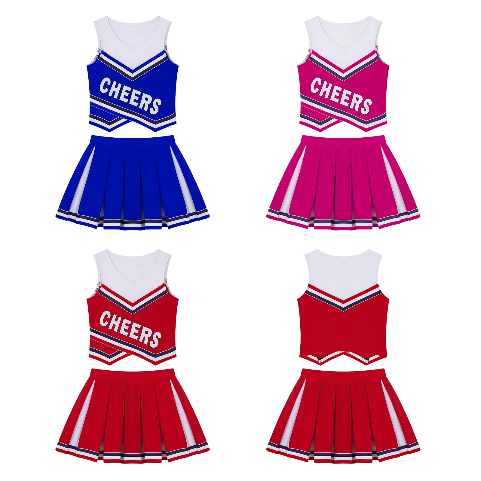 Kinder Mädchen Cheerleading Uniform Outfit Ärmel Crop Top & Plissee Rock Set Student Schoolgirls Karneval Sport Phantasie Kleid