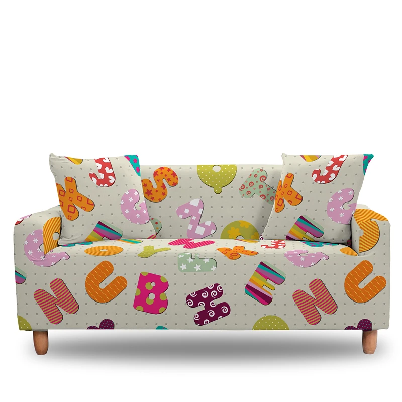 Cartoon English Hand Drawn Letters Couch Cover Combination Stretch Sofa Covers For Living Room L Shape Slip-Resistant Slipcover