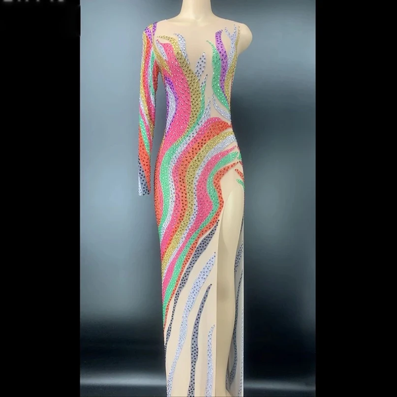 

Off shoulder Rainbow Rhinestones Long Dress Birthday Celebrate One Sleeve Transparent Dress Women Dancer Dresses