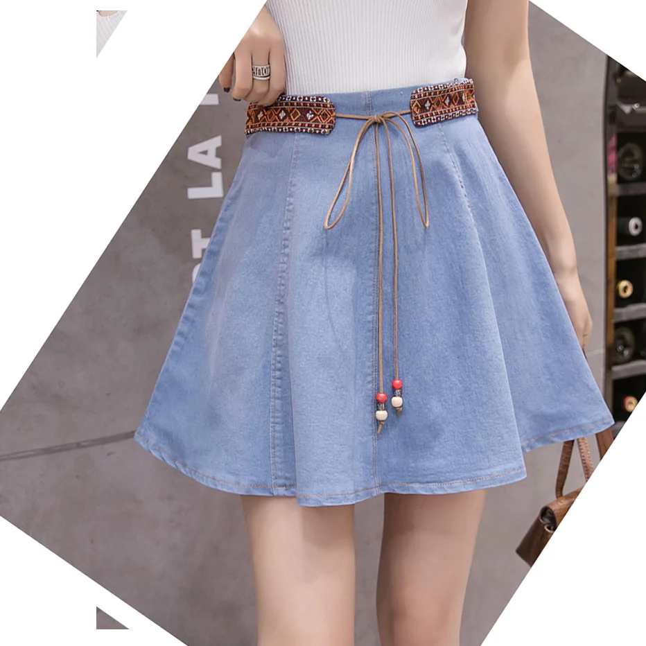 Jeans Rokken Vrouwen 2020 Zomer Mode Hoge Taille Vintage Paillette Kant Belted Saia Mini Jupe Femme Meisje Vrouwelijke Denim Rok