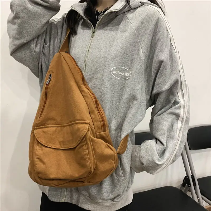 Women Shoulder Bags Vintage Canvas Cross-body Bag Students Zipper School-bag Washed Retro Large Capacity Satchel Harajuku Ins BF