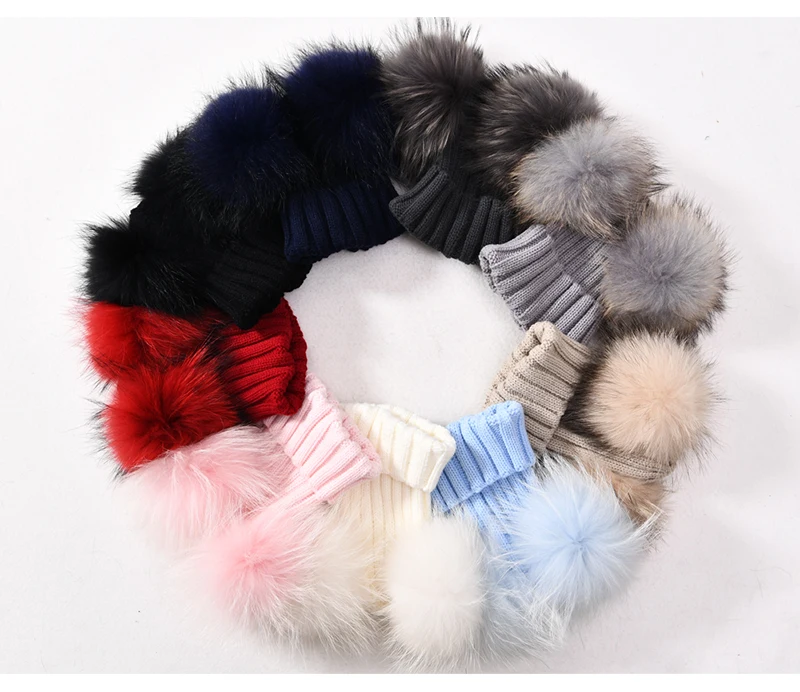 JX Watcher Winter Doppel Echtpelz Pom Pom Hut für Kinder Baby Strick mützen mit zwei Pelz Pompons Jungen Mädchen hochwertige Mütze Mütze – Detail 24