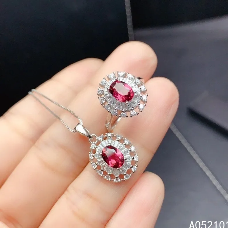 

KJJEAXCMY Fine Jewelry 925 sterling silver inlaid natural Garnet girl lovely necklace pendant ring set support test hot selling