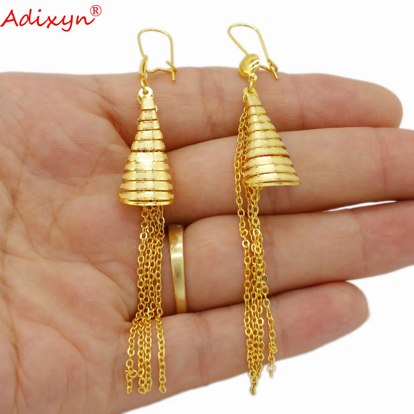 Adixyn Vintage Gold Color Long Thread Tassel Drop Earrings for Women Wedding Geometric Desigh Earring Fashion Jewelry N08189