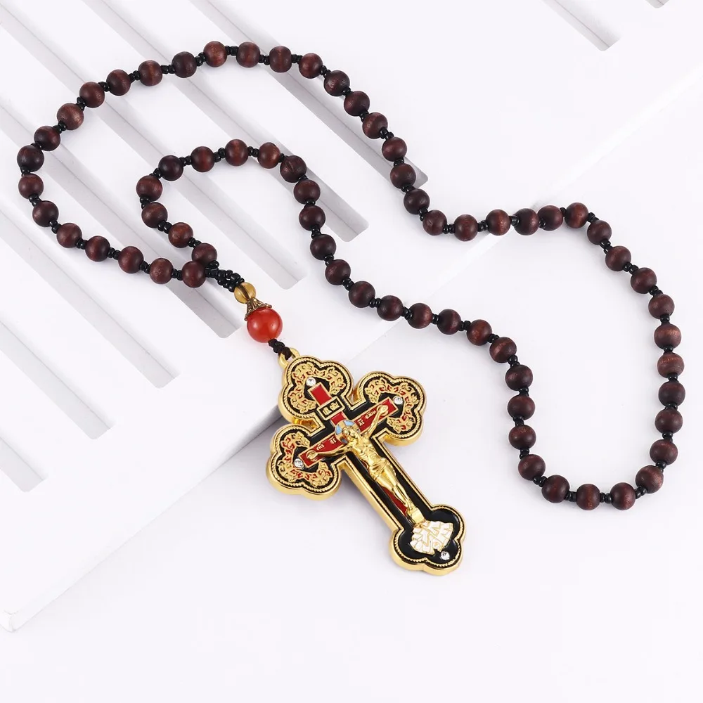 Orthodoxe große Kruzifix Jesus Kreuz Anhänger Halsketten für Männer Frauen Rosenkranz Halskette Holz Perlen Ketten religiöse Gebet Schmuck – Detail 2