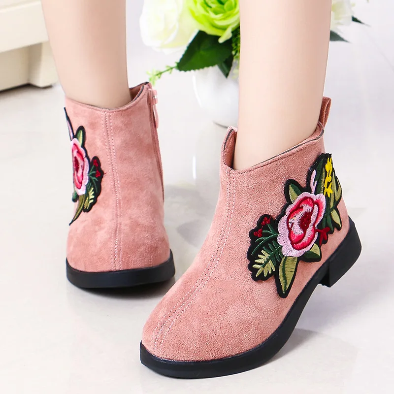 Children PU leather waterproof  boots 2023 autumn and winter girls boots flower shoes casual shoes