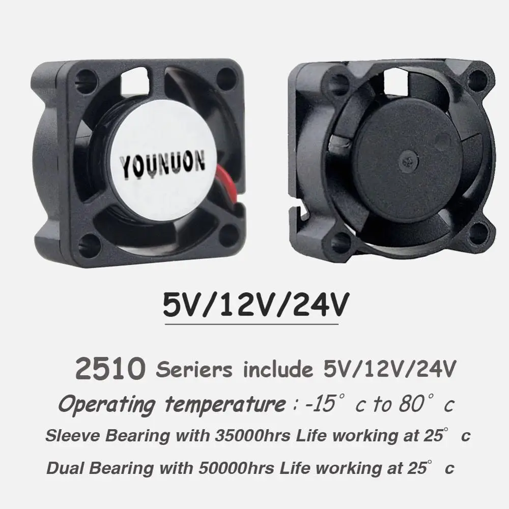 2 Pieces Dual Ball Bearing 25x25x10mm 25mm Cooling Fan 5V/12V/24V Graphics Card Cooling Fan M.2 SSD Fans