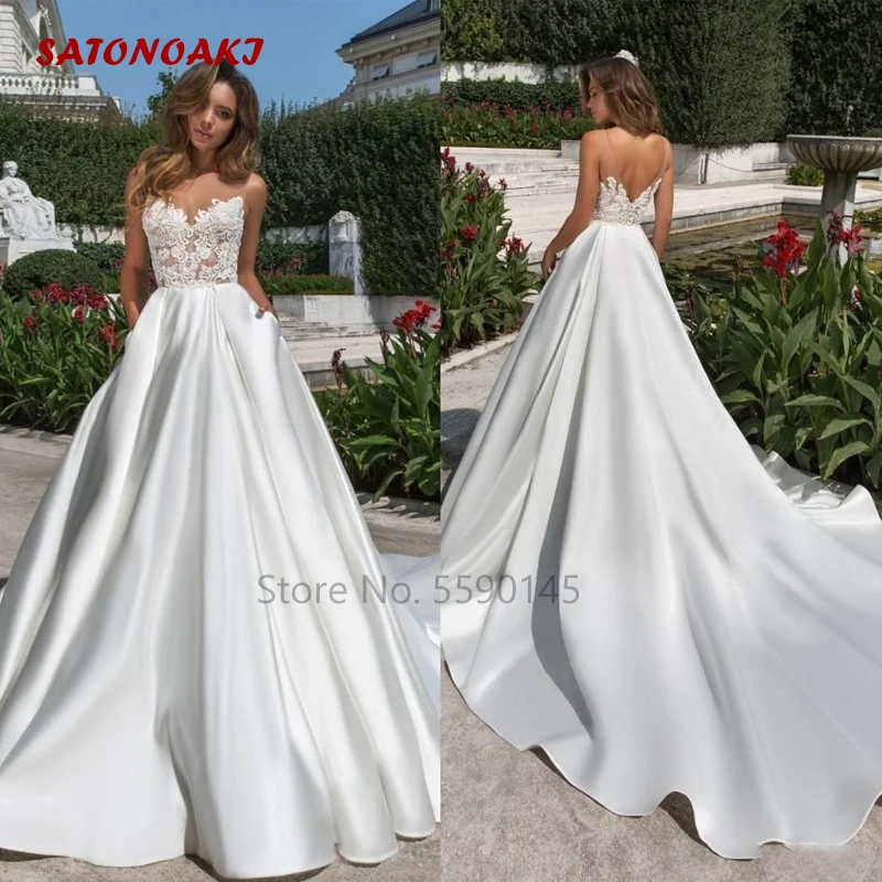 

Simple A Line Satin Wedding Dress 2024 Sheer Neck Backless Sleeveless Bridal Gown With Pocket Long Train Vestido De Novia France