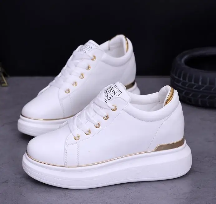 2023 Hidden Heels Women Platform Wedge Sneakers Ladies Leather Golden  White Shoes Female Krasovki Tenis Feminino Casual