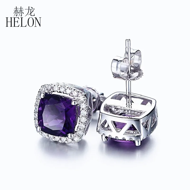 

HELON Solid 14K White Gold Cushion Cut 6mm Natural Amethyst & Diamonds Engagement Wedding tud Earrings Women Trendy Fine Jewelry