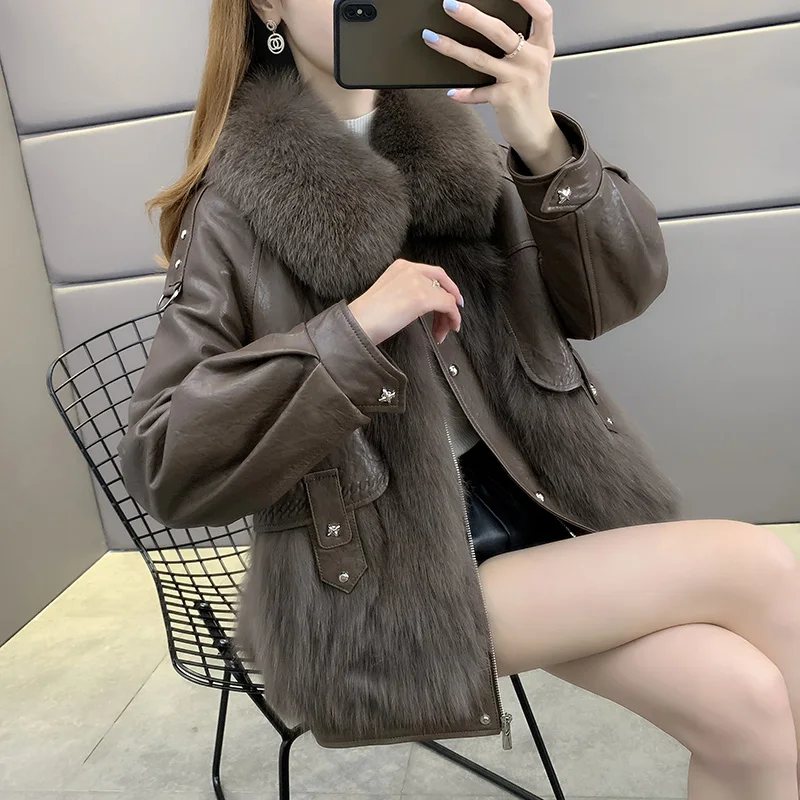 

2021 New Women's Fur Coat Warm Genuine Leather Jacket Real Fox Fur Collar Coats Sheepskin Clothes Veste Cuir Femme WPY4697