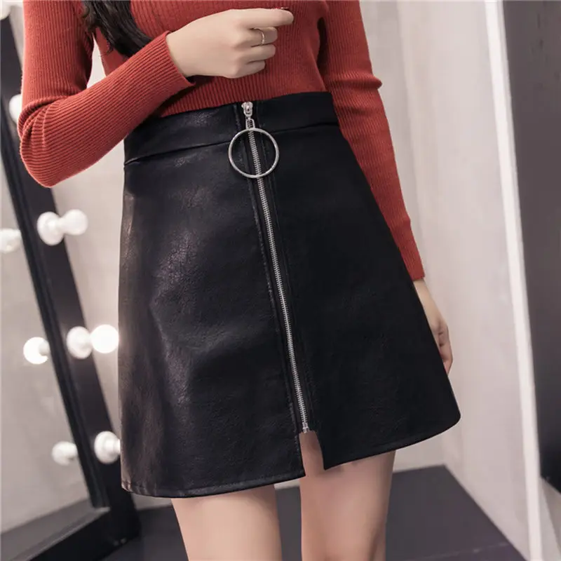 

Autumn and Winter Pu Zipper Leather Skirt High Waist A- line Skirt Woman Skirts Mujer Faldas Saias Mulher