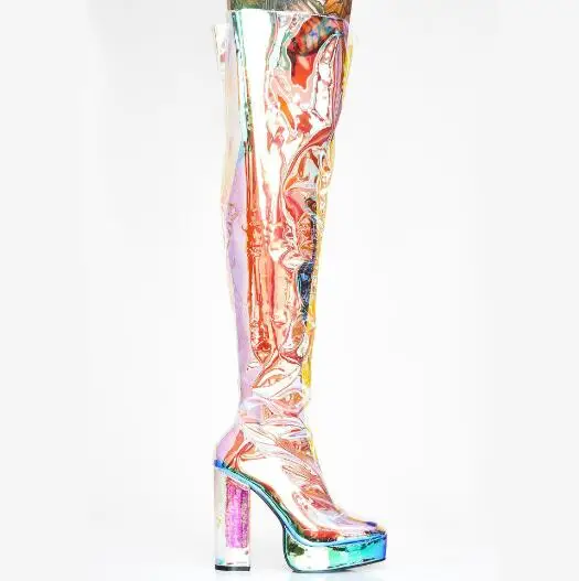 Woman Fashion Clear PVC Colorful Over The Knee Platform Boots Female Round Toe Transparent Square Heels Zipper Thigh Long Boots