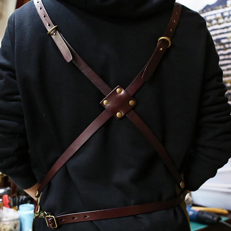 Genuine Leather Pockets Apron Work Uniform Thick Canvas Leather Pocket Apron Man Woman Leather Strap Adjustable