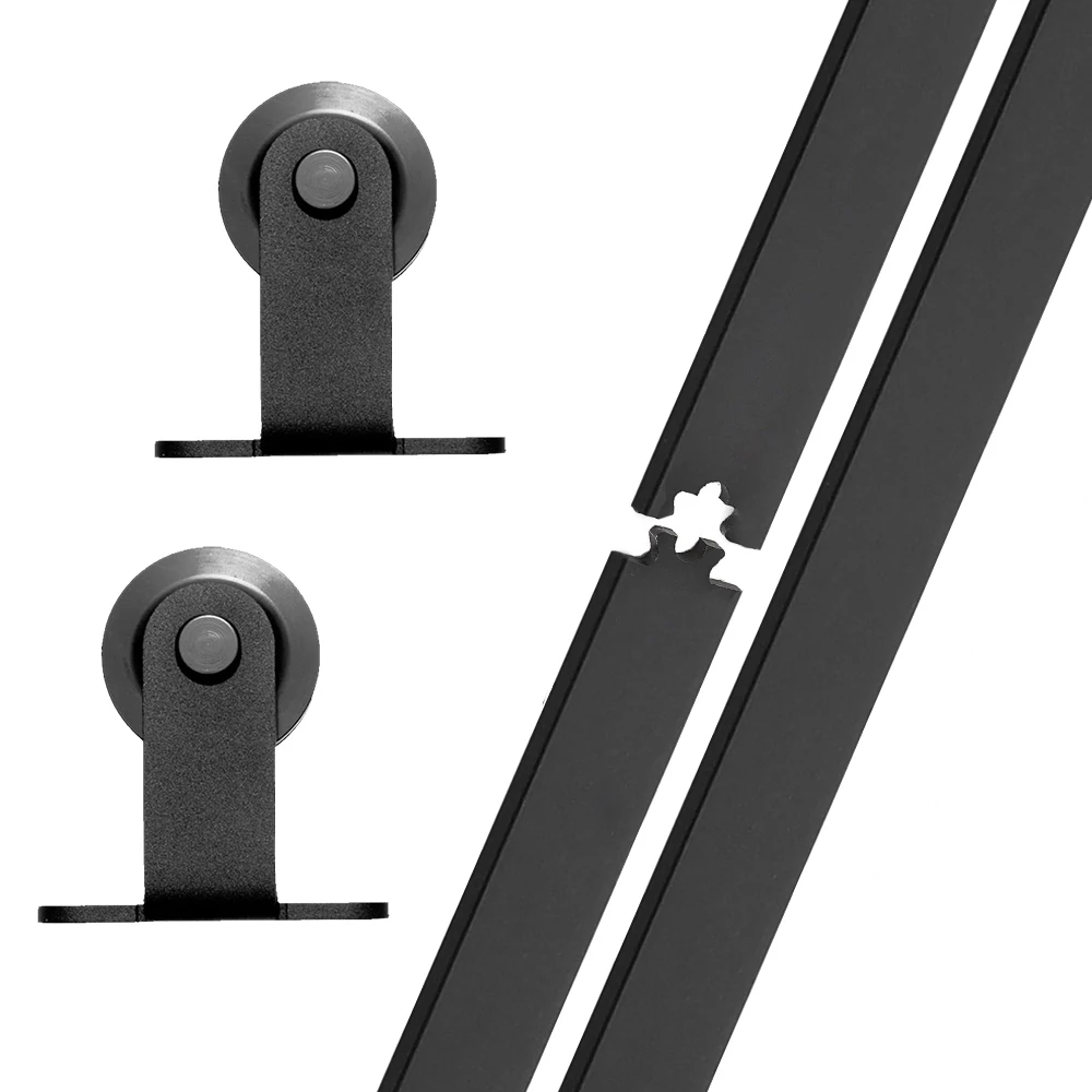 HACCER T-Shaped 4-16FT Barn Door Slide Hardware Kit Top Mounted Hanger Track System Black Steel Closet Door Roller Rail