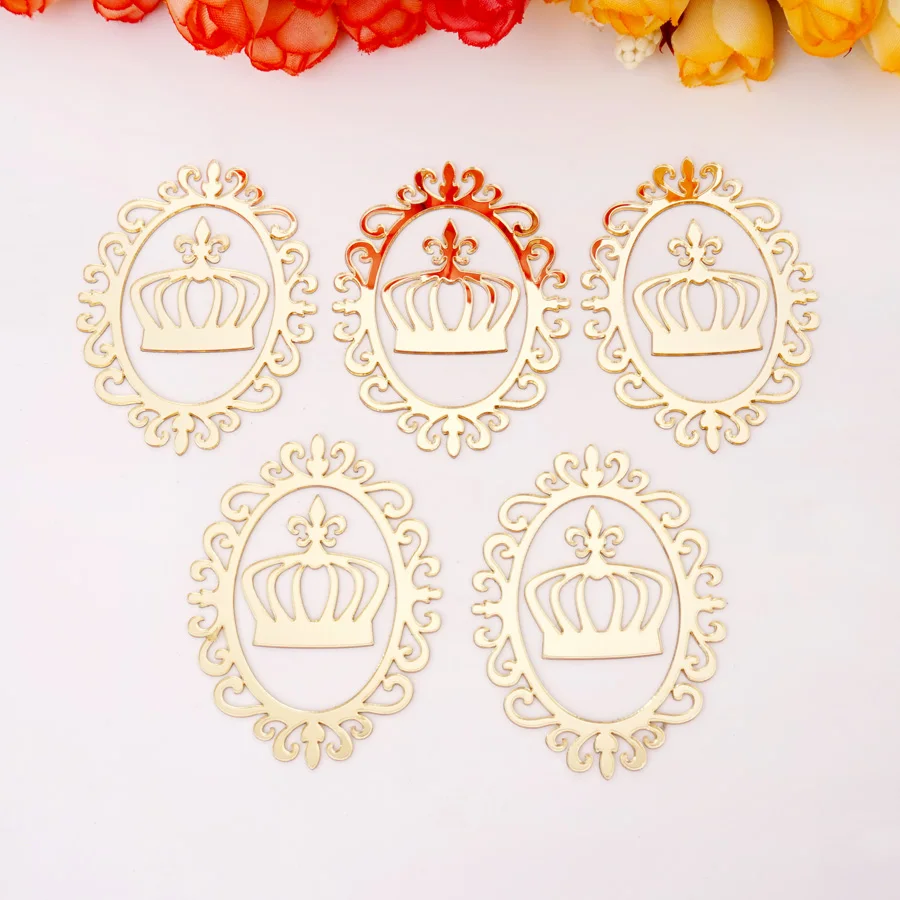 6x4.5cm 50pcs Oval Mirrored Frame With Crown Stickers For Wedding Party Decor Anniversary Acrylic Mirror Accessories DIY Gifts