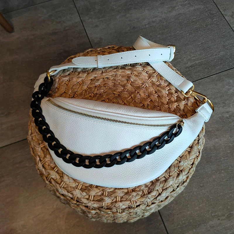 Bolso para el pecho con cadenas acrílicas para mujer, bolsa cruzada de cuero genuino de diseñador, bolsillo con cremallera para dinero, teléfono,