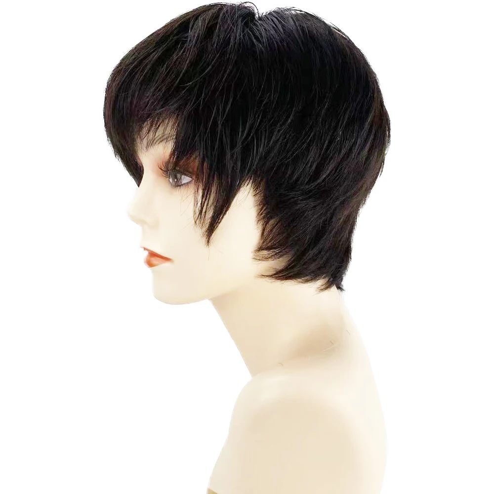 Short Bob Pixie Cut Human Hair Wig Virgin European Hair Glueless Hand Tied Full Lace Wig with Bangs Natural Wave for White Women