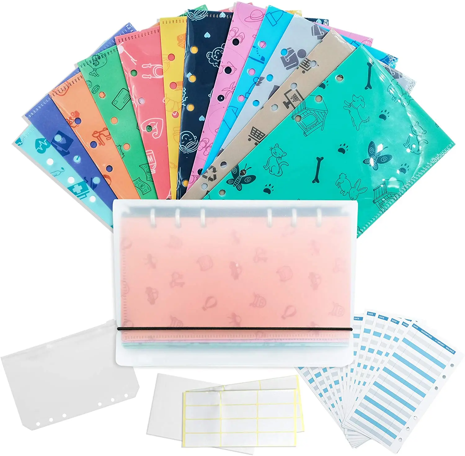 Plastic Budget Wallet for Cash Savings Reusable Cash Envelopes Binder Budget System with 12 Budget Sheets and 2 Stickers,1 Pouch