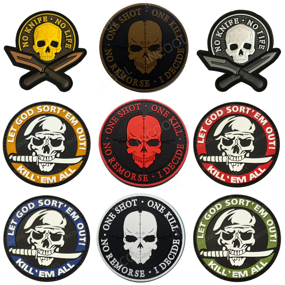 Skull Rubber Patches No Knife No Life Decorative Patch One Shot One Kill PVC Patch For Clothing Backpack Cap Bags