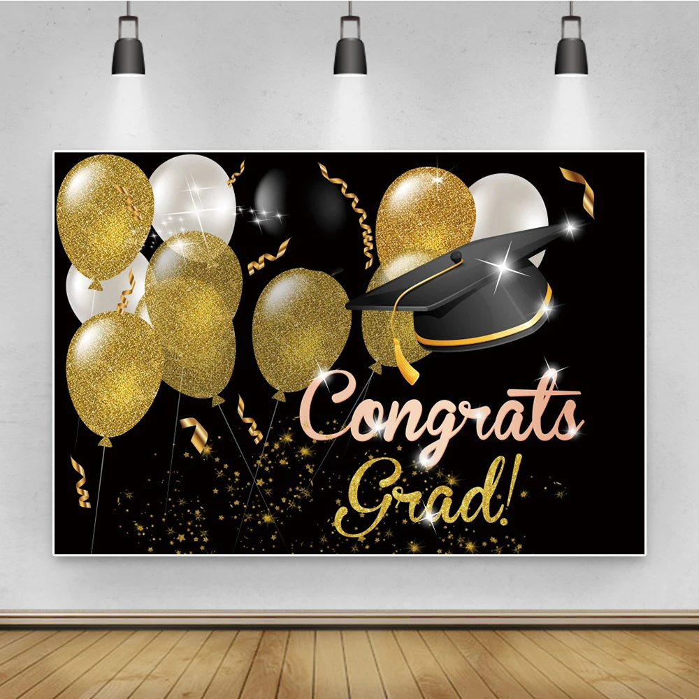 

Laeacco Congratulations 2021 Class Graduation Party Decor Poster Gold White Balloon Photo Backdrop Photography Background