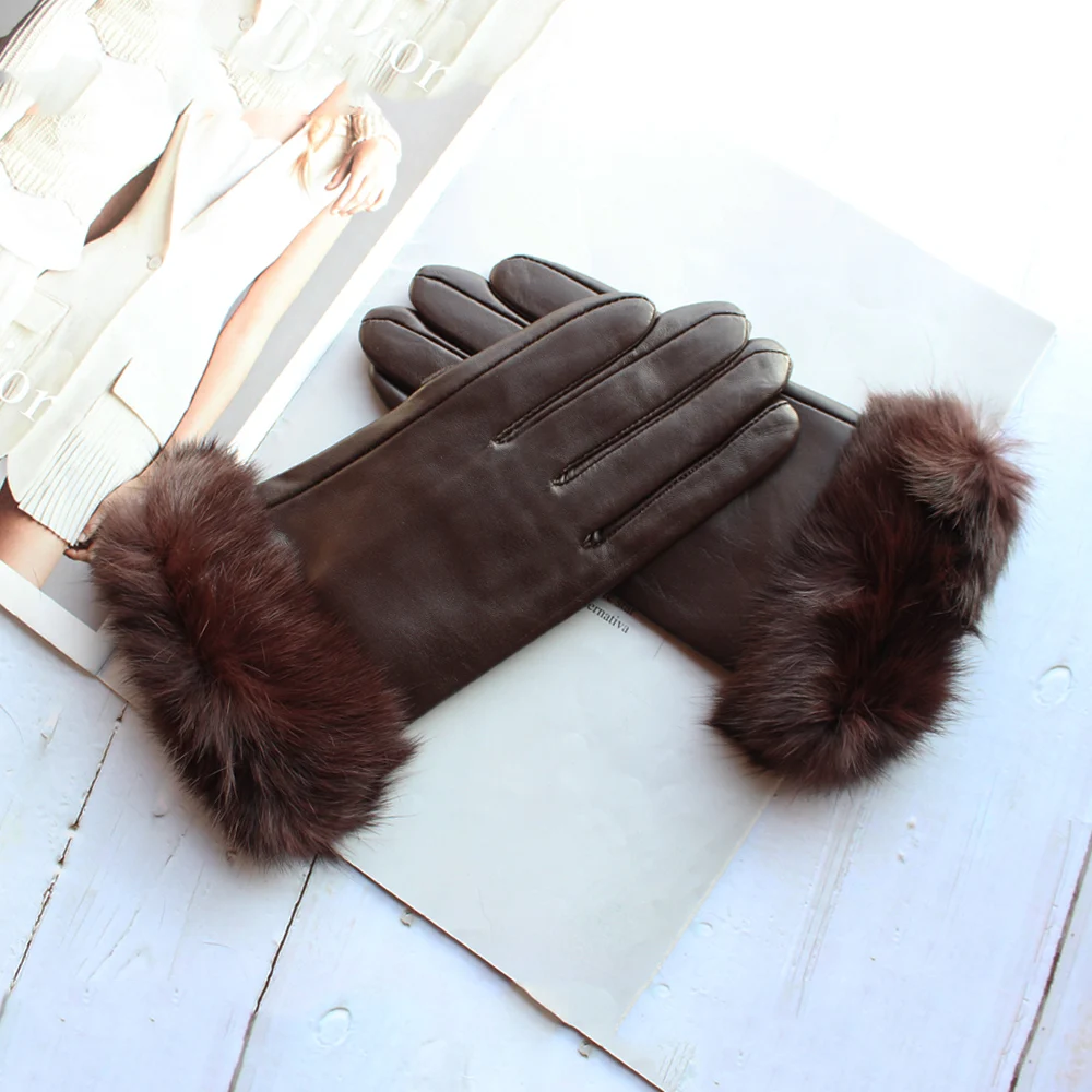 New Women\'s Sheepskin Material Rabbit Fur Mouth Fashion Fleece Lining Warm and Winter Brown Gloves in Autumn and Winter