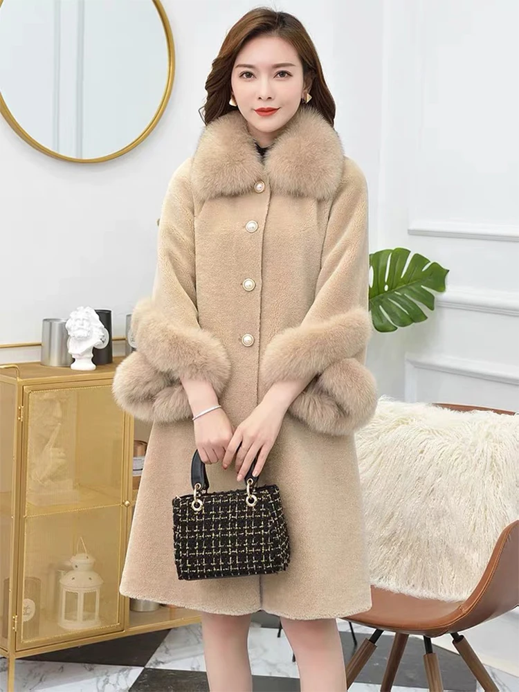 Women Winter Classic 100% Woolen Real Sheep Fur Long Jacket Coat With Natural Fox Fur Collar Cuff Long Woolen Warm Coat