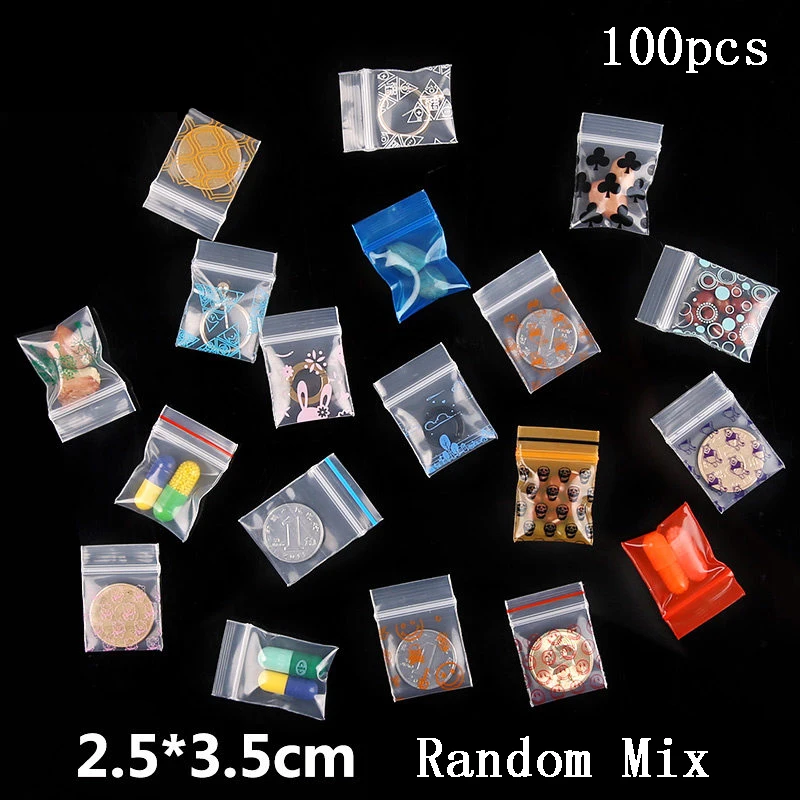 100pcs Random Mix Ziplock Pill Jewelry Packaging Plastic Pouches Mini Cute Zip lock Bags Plastic Packaging Bags Thick 0.24mm