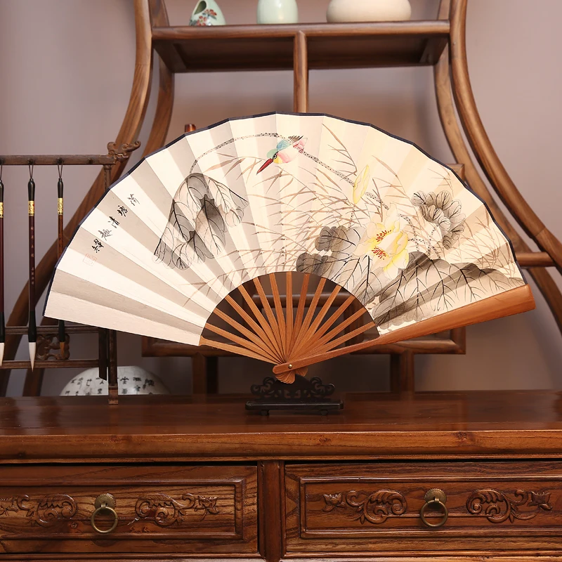 Large Xuan Paper Fans Portable Men Paper Drama Fan Classical Bamboo Ventilador Summer Abanicos Para Boda Hanfu Bambou Hand Fan