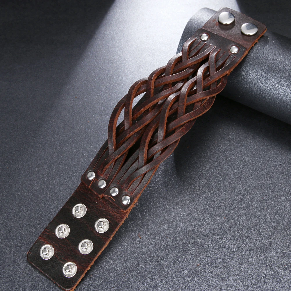 2025 Trend Jewelry Vintage Hand Woven Leather Bracelet Cuff Wide Leather Bracelet Men\'s Accessories Pulsera Hombre