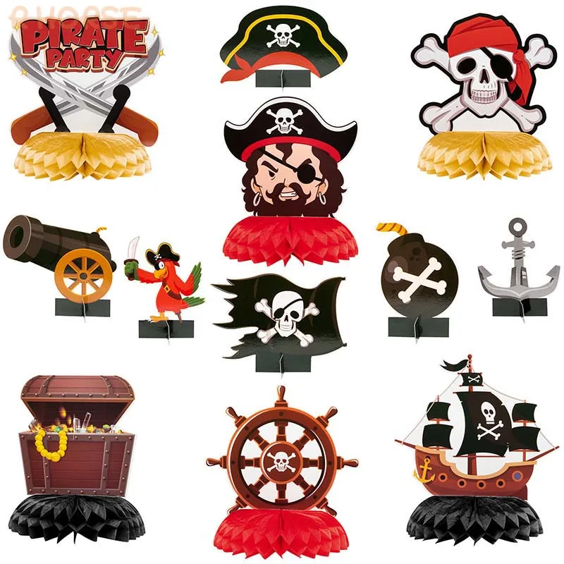 12Pcs โจรสลัดลูกรังผึ้ง Centerpieces สำหรับเด็กตกแต่งตาราง Topper Captain Treasure Chest เด็กอาบน้ำ