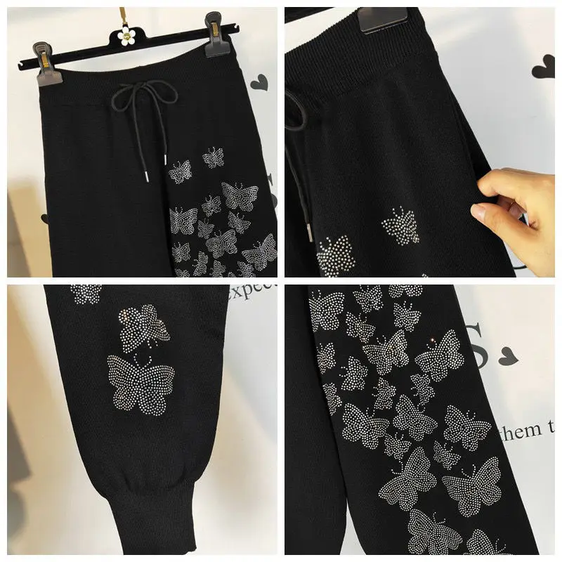 2020 Fall Butterfly Hot Drilling Harem Pants Women's Korean Trousers Fashion Elastic Waist Ankle-Length Pants Black Women Pants